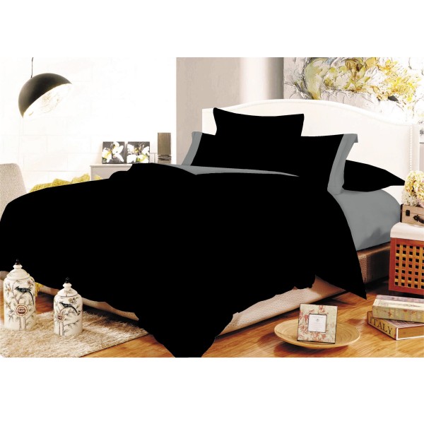 Σετ Σεντόνια Με Φάσα Polycotton Διπλά 200x240εκ. Black -Grey Komvos Home 7001105-1